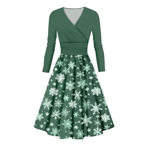 Weihnachtskleid Damen Elegant Lang V Ausschnitt Weihnachten Kleid Damen Festlich A Linie Schwingen Weihnachtskleider Damen Langarm mit Schneeflocken Weihnachtsfrau Kostüm Weihnacht Kleider von Generisch