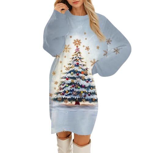 Weihnachtskleid Damen Elegant Lang Weihnachtspullover Damen Lustig mit Weihnachtsmotive Kleid Damen Weihnachten Festlich Flauschig Pulloverkleid Frauen Winter Warm Longpullover Fleece Kleider von Generisch