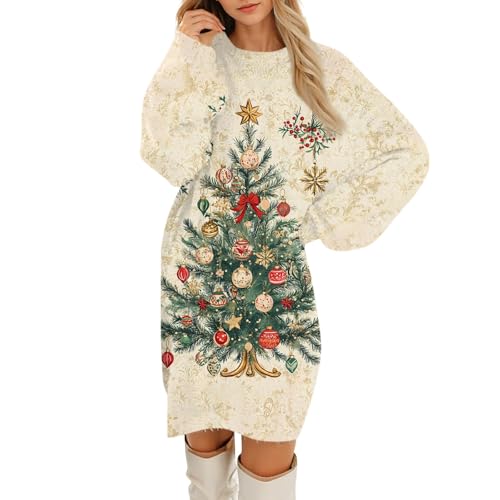 Weihnachtskleid Damen Elegant Lang Weihnachtspullover Damen Lustig mit Weihnachtsmotive Kleid Damen Weihnachten Festlich Flauschig Pulloverkleid Frauen Winter Warm Longpullover Fleece Kleider von Generisch