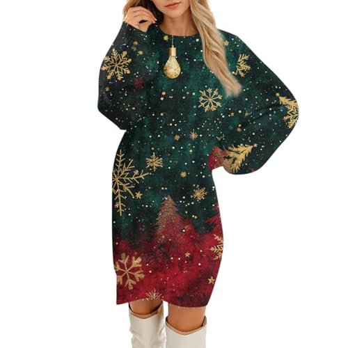 Weihnachtskleid Damen Elegant Lang Weihnachtspullover Damen Lustig mit Weihnachtsmotive Kleid Damen Weihnachten Festlich Flauschig Pulloverkleid Frauen Winter Warm Longpullover Fleece Kleider von Generisch