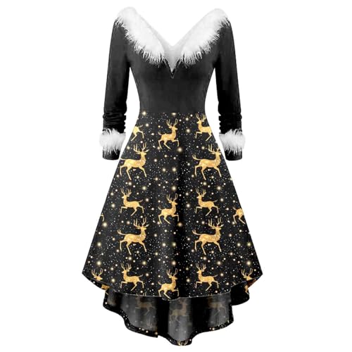 Weihnachtskleid Damen Elegant Langarm Weihnachtskleider mit Plüschkragen V-Ausschnitt Rockabilly Kleider Ballkleid Vintage Rotes Kleid Merry Christmas Weihnachtsmann Kostüm Partykleid Abendkleid von Generisch
