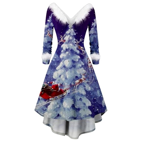 Weihnachtskleid Damen Elegant Langarm Weihnachtskleider mit Plüschkragen V-Ausschnitt Rockabilly Kleider Ballkleid Vintage Rotes Kleid Merry Christmas Weihnachtsmann Kostüm Partykleid Abendkleid von Generisch