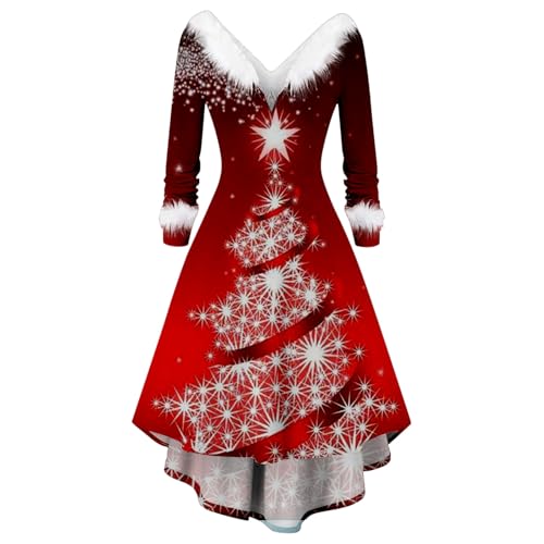 Weihnachtskleid Damen Elegant Langarm Weihnachtskleider mit Plüschkragen V-Ausschnitt Rockabilly Kleider Ballkleid Vintage Rotes Kleid Merry Christmas Weihnachtsmann Kostüm Partykleid Abendkleid von Generisch