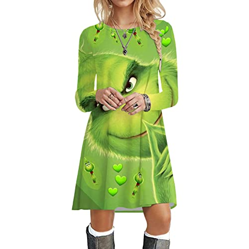 Weihnachtskleid Damen Grinch Weihnachten Kleid Weihnachts Minikleid Lustig Grün Kostüm Festlich Langarm Rundhals Knielang Tunika Tshirt Kleid Shirtkleid Partykleid Elegant Pullover Kleid von Generisch