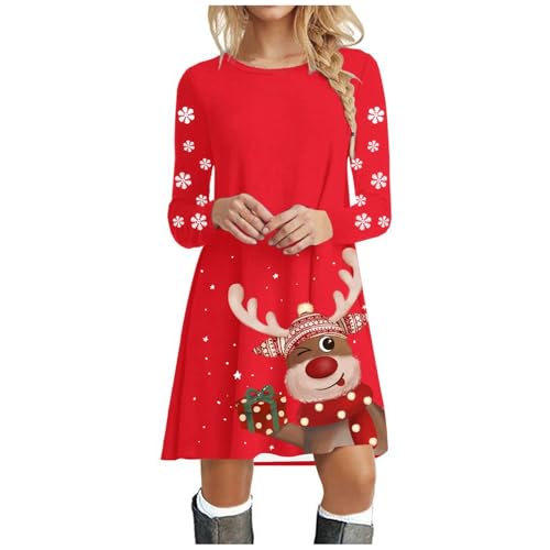 Weihnachtskleid Damen Langarm Pullover Kleid Autumn Winter Rundhals Minikleid Rentier Druck Weihnachten Kleider Elegant Weihnachtsfeier Blusenkleid Oberteile Weihnachtskostüm Kleid Weihnachten Damen von Generisch