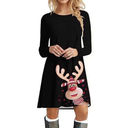 Weihnachtskleid Damen Langarm Pullover Kleid Autumn Winter Rundhals Minikleid Rentier Druck Weihnachten Kleider Elegant Weihnachtsfeier Blusenkleid Oberteile Weihnachtskostüm Kleid Weihnachten Damen von Generisch