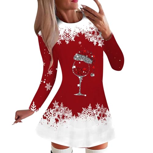 Weihnachtskleid Damen Langarm Pullover Kleid Herbst Winter Rundhals Minikleid Rentier Druck Weihnachten Kleider Elegant Weihnachtsfeier Blusenkleid Festlich Festival (Red #6, L) von Generisch