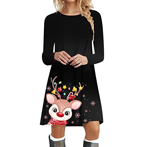 Weihnachtskleid Damen Langarm Pullover Kleid Winter Rundhals Minikleid Rentier Druck Weihnachten Kleider Elegant Oberteile Abendkleider Partykleider für Frauen Cocktailkleid von Generisch