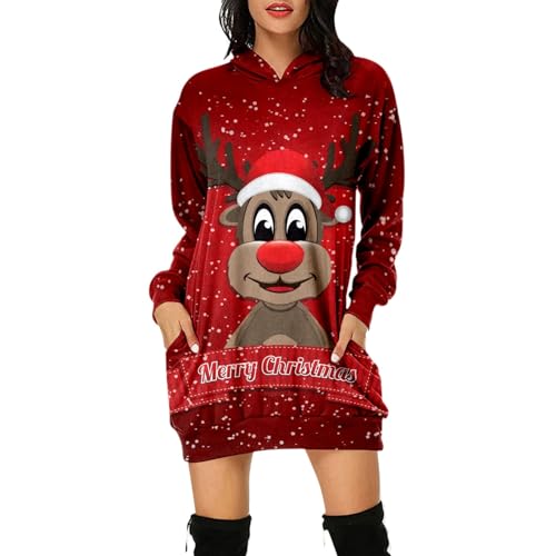 Weihnachtskleid Damen Langarm Pullover Kleid Winter Rundhals Minikleid Rentier Druck Weihnachten Kleider Elegant Oberteile Abendkleider Partykleider für Frauen Cocktailkleid von Generisch