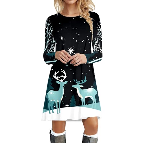 Weihnachtskleid Damen Langarm Pullover Kleid Winter Rundhals Minikleid Rentier Druck Weihnachten Kleider Elegant Oberteile Weihnachtspullover Lustig Kleid von Generisch