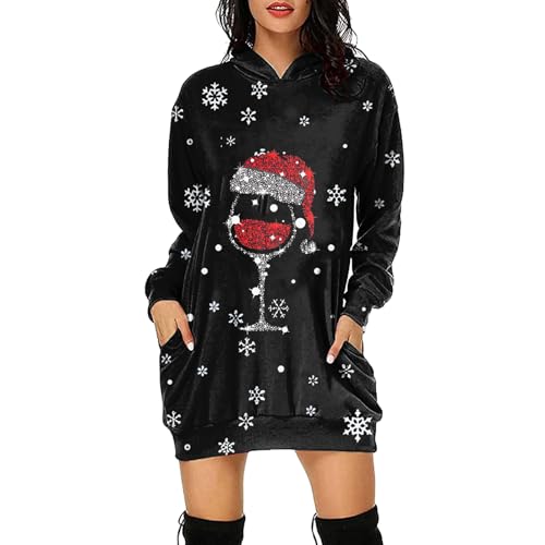 Weihnachtskleid Damen Langarm Pullover Kleid mit Kapuze Rentier Rotweinglas Pailletten Weihnachten Party Kleider Lustig Hoody Weihnachtspulli Pulloverkleid Elegante Longpullover Oberteile für Leggings von Generisch