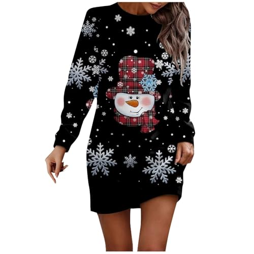 Weihnachtskleid Damen Langarm Rundhals Pullikleid Weihnachtskleid Langer Pulloverkleid Frauen Kleider Pullover Elegant Wickelkleid Schneeflocken Muster Bequem Für Winter Freizeit (4-Black, M) von Generisch