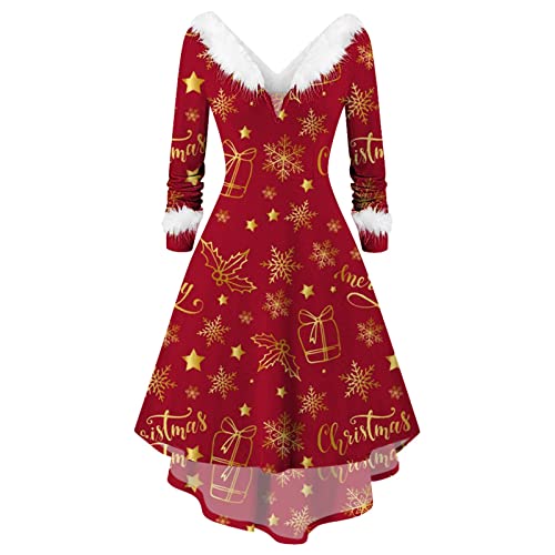 Weihnachtskleid Damen Party Kleid Weihnachten Damen Weihnachtsmann Kostüm Miss Santa Kostüm Langarm Weihnachtskleider Weihnachtsfrau Midikleid Langarm V-Ausschnitt Weihnachten Kleid Weihnachtskostüm von Generisch