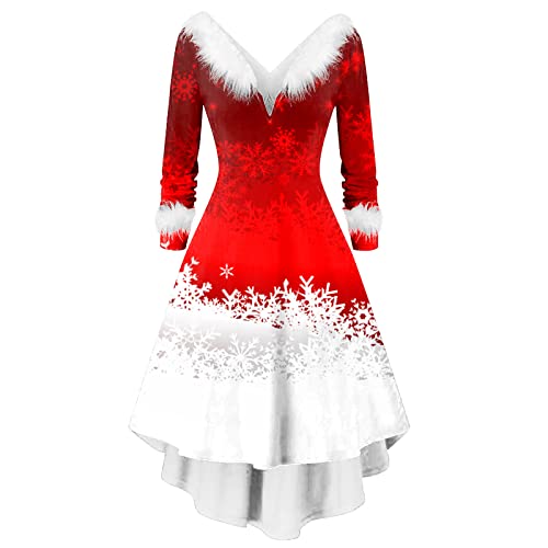 Weihnachtskleid Damen Party Kleid Weihnachten Damen Weihnachtsmann Kostüm Miss Santa Kostüm Langarm Weihnachtskleider Weihnachtsfrau Midikleid Langarm V-Ausschnitt Weihnachten Kleid Weihnachtskostüm von Generisch