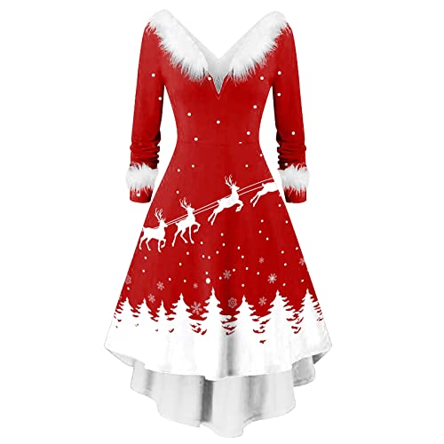 Weihnachtskleid Damen Party Kleid Weihnachten Damen Weihnachtsmann Kostüm Miss Santa Kostüm Langarm Weihnachtskleider Weihnachtsfrau Midikleid Langarm V-Ausschnitt Weihnachten Kleid Weihnachtskostüm von Generisch