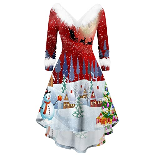 Weihnachtskleid Damen Party Kleid Weihnachten Damen Weihnachtsmann Kostüm Miss Santa Kostüm Langarm Weihnachtskleider Weihnachtsfrau Midikleid Langarm V-Ausschnitt Weihnachten Kleid Weihnachtskostüm von Generisch
