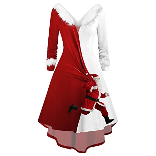 Weihnachtskleid Damen Party Kleid Weihnachten Damen Weihnachtsmann Kostüm Miss Santa Kostüm Langarm Weihnachtskleider Weihnachtsfrau Midikleid Langarm V-Ausschnitt Weihnachten Kleid Weihnachtskostüm von Generisch