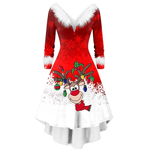 Weihnachtskleid Damen Party Kleid Weihnachten Damen Weihnachtsmann Kostüm Miss Santa Kostüm Langarm Weihnachtskleider Weihnachtsfrau Midikleid Langarm V-Ausschnitt Weihnachten Kleid Weihnachtskostüm von Generisch