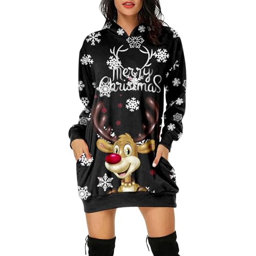 Weihnachtskleid Damen Weihnachten Hoodie Kleid Damen Weihnachtspullover Weihnachtskleider Hoodie Rentier Weinglas Druck Kapuzenpullover Kleid Langes Weihnachts Pullover Weinachtspullie Frauen von Generisch