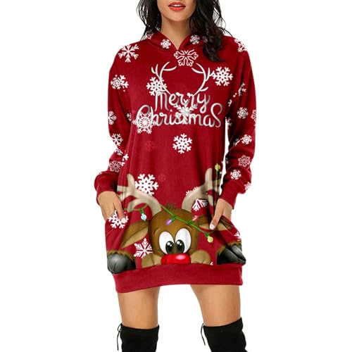 Weihnachtskleid Damen Weihnachten Hoodie Kleid Damen Weihnachtspullover Weihnachtskleider Hoodie Rentier Weinglas Druck Kapuzenpullover Kleid Langes Weihnachts Pullover Weinachtspullie Frauen von Generisch