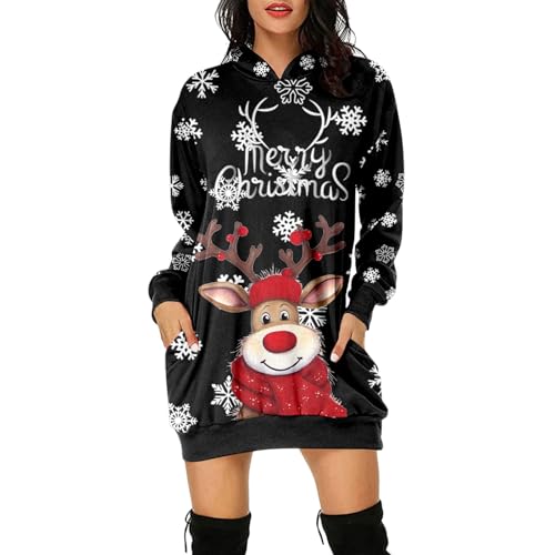 Weihnachtskleid Damen Weihnachtspullover Damen Hoodie Kleid Weihnachten Rentier Weihnachtskleider mit Kapuze Hoodie Weihnachts Tshirt Lang Pullover mit Tasche Weihnachtsoutfit Merry Christmas von Generisch