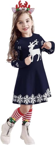 Weihnachtskleid Mädchen Langarm Winter Warm Strickkleid Freizeitkleid Rentier Schneeflocke Bedruckte Weihnachtskleid Festliches Kleid Rot Weihnachts Prinzessin Kleid Strick Pullover Kleider 2-7 Jahre von Generisch