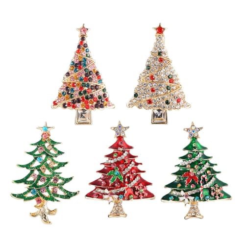 Weihnachtsnadeln und Broschen mit Strass, Weihnachtsbaum-Brosche, Kristall, Strass, Weihnachts-Anstecknadel, Schal, Clip, für Damen, Geschenk, 5 Stück, Legierter Stahl von Generisch