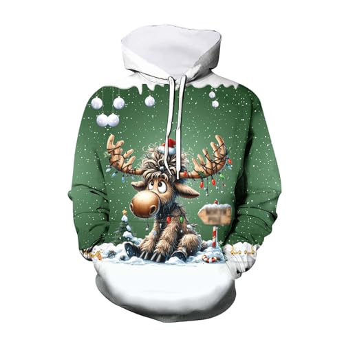 Weihnachtsoutfit Herren Hoodie Rentier Pullover Lustige 3D Druck Weihnachtspulli Weihnachtsmotiv Print Kapuzepullover Hoody Baumwolle Weihnachten Weihnachts Xmas Pulli (Green, L) von Generisch
