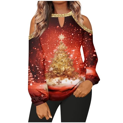 Weihnachtspulli, Damen Weihnachten Shirts Mode Print Loose Casual Langarm Rundhals Off-Shoulder Top Weihnachtspullover Outfit Winter Ugly Christmas Kleid Weihnachtspulli Strick (M, Vermilion) von Generisch