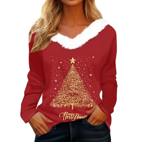 Weihnachtspulli Damen, Kuschel Lang Merry Weihnachtshemd Weihnachtsbluse Damen, Familien Pailletten Lustige Weihnachtspullover Elegante Top Weihnachtspullover Rentier Wassermelone Rot 3XL von Generisch