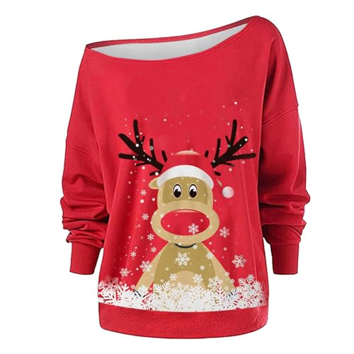 Weihnachtspulli Damen Pullover Mit Weihnachten 3D Druck One Shoulder Schulterfrei Langarm Pulli Shirt Weihnachtstassen Xmas Weihnachtspullover Mädchen Christmas Sweatshirt Herbst Lässiges Oberteile von Generisch