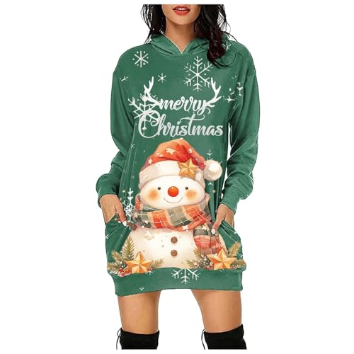 Weihnachtspullover Damen Casual Kleid Hoodie Sweatjacke Sweatkleid Winterkleid Sweatkleid Herbstkleid Langarmshirt Vintage Minikleid Kapuzenpullover Druck Pulli Kleid Casual Lang (Green, XL) von Generisch