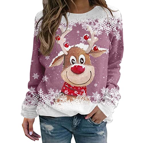 Generisch Weihnachtspullover Damen Elegant Langarm Sweatshirt Damen Oversized Rundhals Weihnachtspulli Winter Christmas Sweat Weihnachtspulli für Teenager Mädchen Rosa XL von Generisch