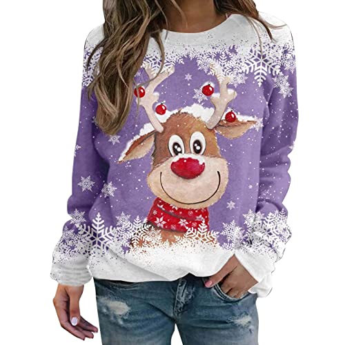 Generisch Damen Weihnachtspullover Elegant Langarm Sweatshirt Oversized Rundhals Weihnachtspulli Winter Christmas Sweat für Teenager Mädchen von Generisch