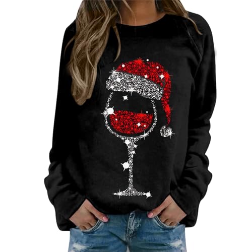 Weihnachtspullover Damen Große Größen Rot Weinglas Lustig Weihnachten Pullover Rundhals Schön Weihnachts Sweatshirt Winter Langarmshirt Frauen Tops Ugly Christmas Sweater Jumper Weihnachtspulli 5XL von Generisch