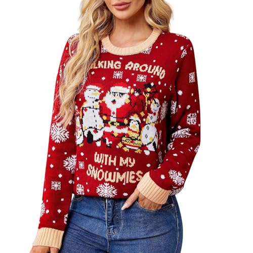 Weihnachtspullover Damen Langarm Ugly Christmas Sweater Rundhals Lustiger Weihnachtspulli Lustiger Weihnachtsshirt Xmas Winterpullover Damen Kuscheliger Teenager Mädchen Strickpullover,A Rot,S von Generisch