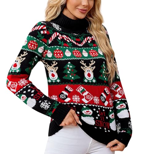 Weihnachtspullover Damen Langarm Ugly Christmas Sweater Rundhals Lustiger Weihnachtspulli Lustiger Weihnachtsshirt Xmas Winterpullover Damen Kuscheliger Teenager Mädchen Strickpullover,D Schwarz,L von Generisch