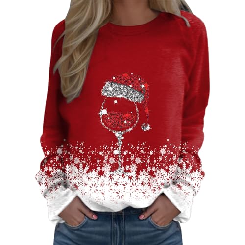 Weihnachtspullover Damen Lustig Rot Weinglas Langarm Weihnachts Sweatshirt Herbst Winter Pullover Weihnachtspulli Ugly Christmas Sweater Rundhals Langarmshirt Lose Xmas Oberteile von Generisch