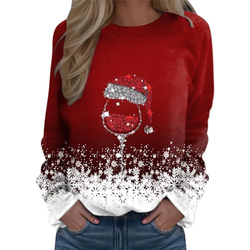 Weihnachtspullover Damen Lustig Rot Weinglas Langarm Weihnachts Sweatshirt Herbst Winter Pullover Weihnachtspulli Ugly Christmas Sweater Rundhals Langarmshirt Lose Xmas Oberteile von Generisch