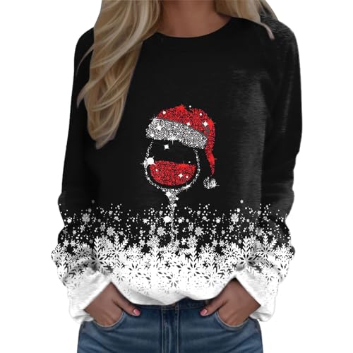 Weihnachtspullover Damen Lustig Rot Weinglas Langarm Weihnachts Sweatshirt Herbst Winter Pullover Weihnachtspulli Ugly Christmas Sweater Rundhals Langarmshirt Lose Xmas Oberteile von Generisch