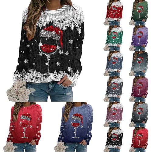 Weihnachtspullover Damen Lustig Rotwein Glas Weihnachten Pullover Langarm Rundhals Strickpullover Festlich Warme Weihnachtspulli Strickpulli Ugly Christmas Sweater Xmas Winterpullover Jumper von Generisch