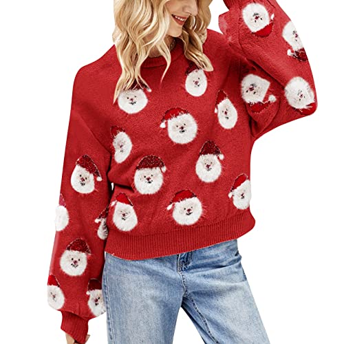 Weihnachtspullover Damen Lustig Strick Pullover Damen Winter Elegant Weihnachtspulli Warm Strickpullover mit Weihnachtsmann Langarm Ugly Christmas Sweater Xmas Jumper Winter Strickpulli Oberteile von Generisch