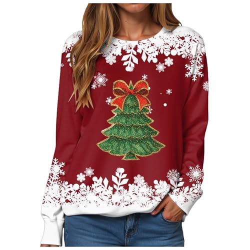 Weihnachtspullover Damen Lustig Weihnachtsbaum Druck Weihnachten Pullover Ohne Kapuze Christmas Sweatshirt Schneeflocken Weihnachtsshirt Festliche Oberteile Weihnachts Xmas Sweatshirts von Generisch