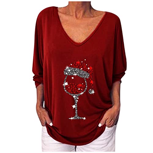 Weihnachtspullover Damen Lustig Winter V-Ausschnitt Weihnachtspullover Damen Große Größen Weihnachtsweinglas Bedrucktes Weihnachtspulli Ugly Pailletten Strass Weihnachtsbluse mit Weihnachtsmotiv von Generisch