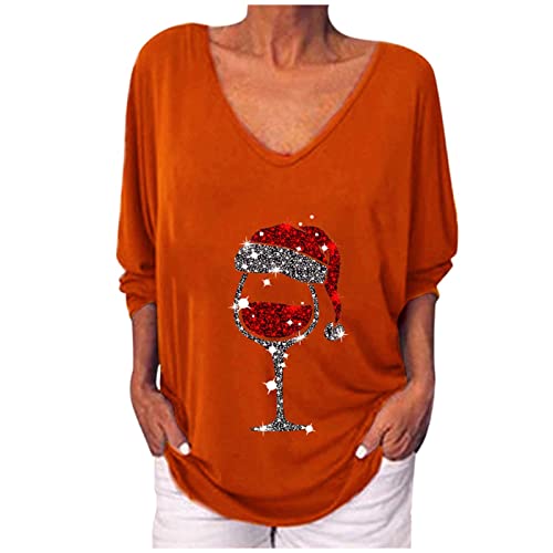 Weihnachtspullover Damen Lustig Winter V-Ausschnitt Weihnachtspullover Damen Große Größen Weihnachtsweinglas Bedrucktes Weihnachtspulli Ugly Pailletten Strass Weihnachtsbluse mit Weihnachtsmotiv von Generisch