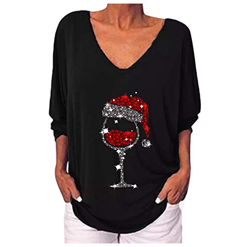 Weihnachtspullover Damen Lustig Winter V-Ausschnitt Weihnachtspullover Damen Große Größen Weihnachtsweinglas Bedrucktes Weihnachtspulli Ugly Pailletten Strass Weihnachtsbluse mit Weihnachtsmotiv von Generisch