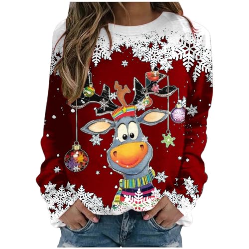 Weihnachtspullover Damen Pullover Weihnachten Sweatshirt Weihnachtspulli Rundhals Langarmshirt Elegant Fraue Mädchen Pulli Bluse Tops Frühling Lässiges Kostüm Geschenk Christmas Sweat (ZZZC-Red, XXL) von Generisch