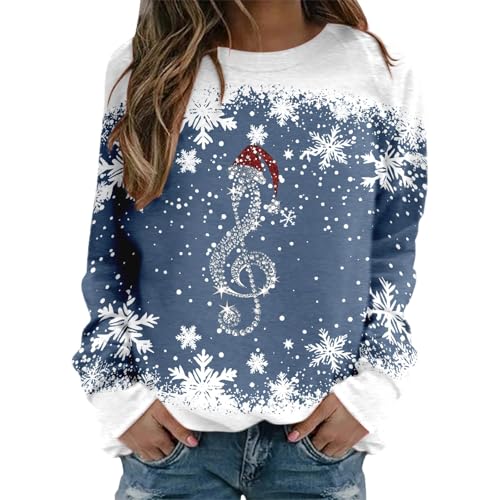 Weihnachtspullover Damen Pullover Weihnachten Sweatshirt Weihnachtspulli Rundhals Langarmshirt Elegant Fraue Mädchen Pulli Bluse Tops Frühling Lässiges Kostüm Geschenk Christmas Sweat (ZZZE-Blue, L) von Generisch