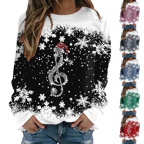 Weihnachtspullover Damen Rundhals Langarm Schneeflocken Notiz Weihnachten Pullover Casual Christmas Sweat Oberteile Merry Christmas Sweatshirt Weihnachtspulli Teenager Mädchen Tunika Pulli Tops Bluse von Generisch