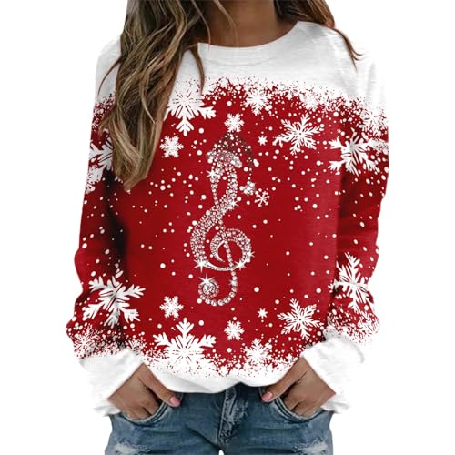 Weihnachtspullover Damen Rundhals Langarm Schneeflocken Notiz Weihnachten Pullover Casual Christmas Sweat Oberteile Merry Christmas Sweatshirt Weihnachtspulli Teenager Mädchen Tunika Pulli Tops Bluse von Generisch